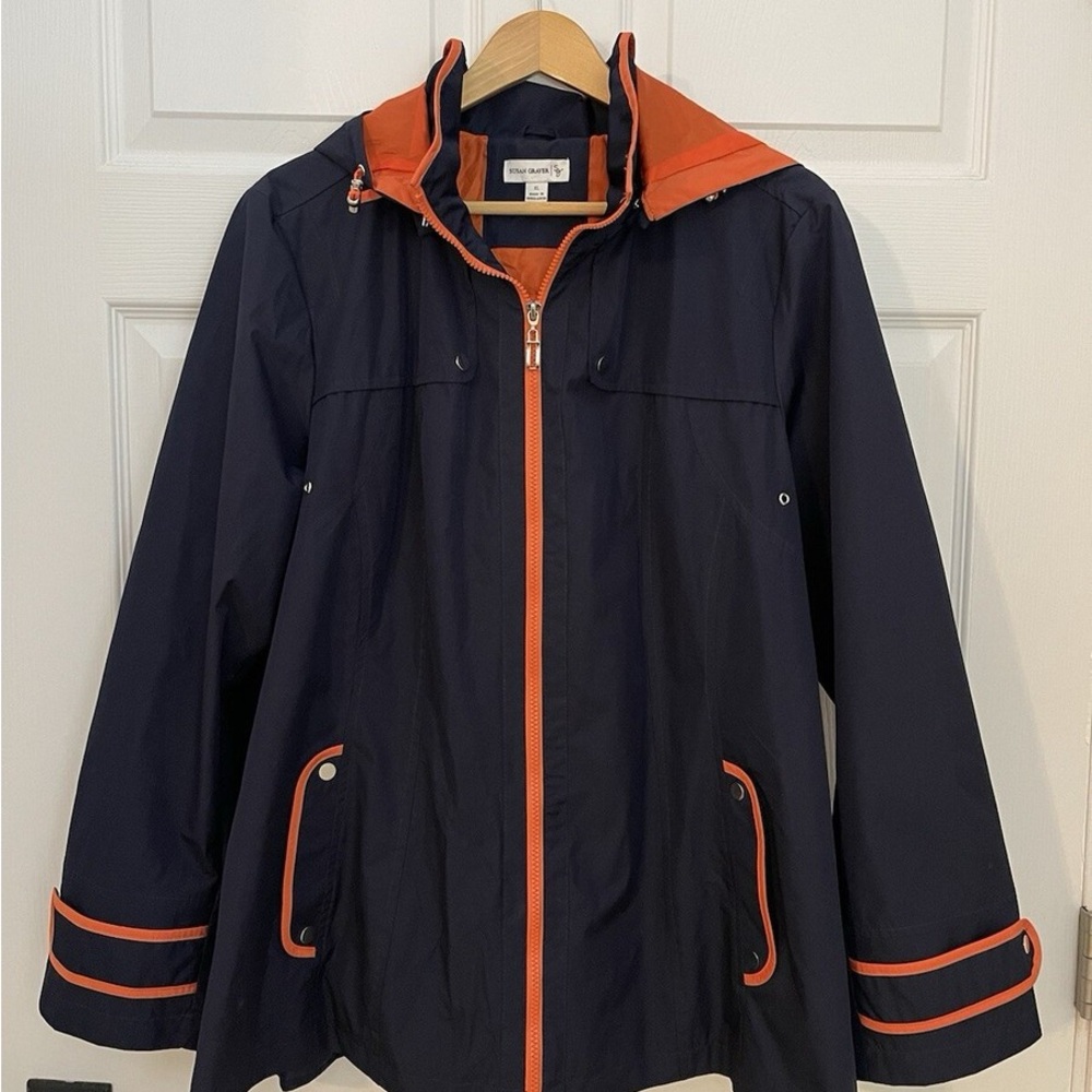 Susan Graver Womens MEDIUM Lined NAVY Jacket Removable Hood Pockets Excellent